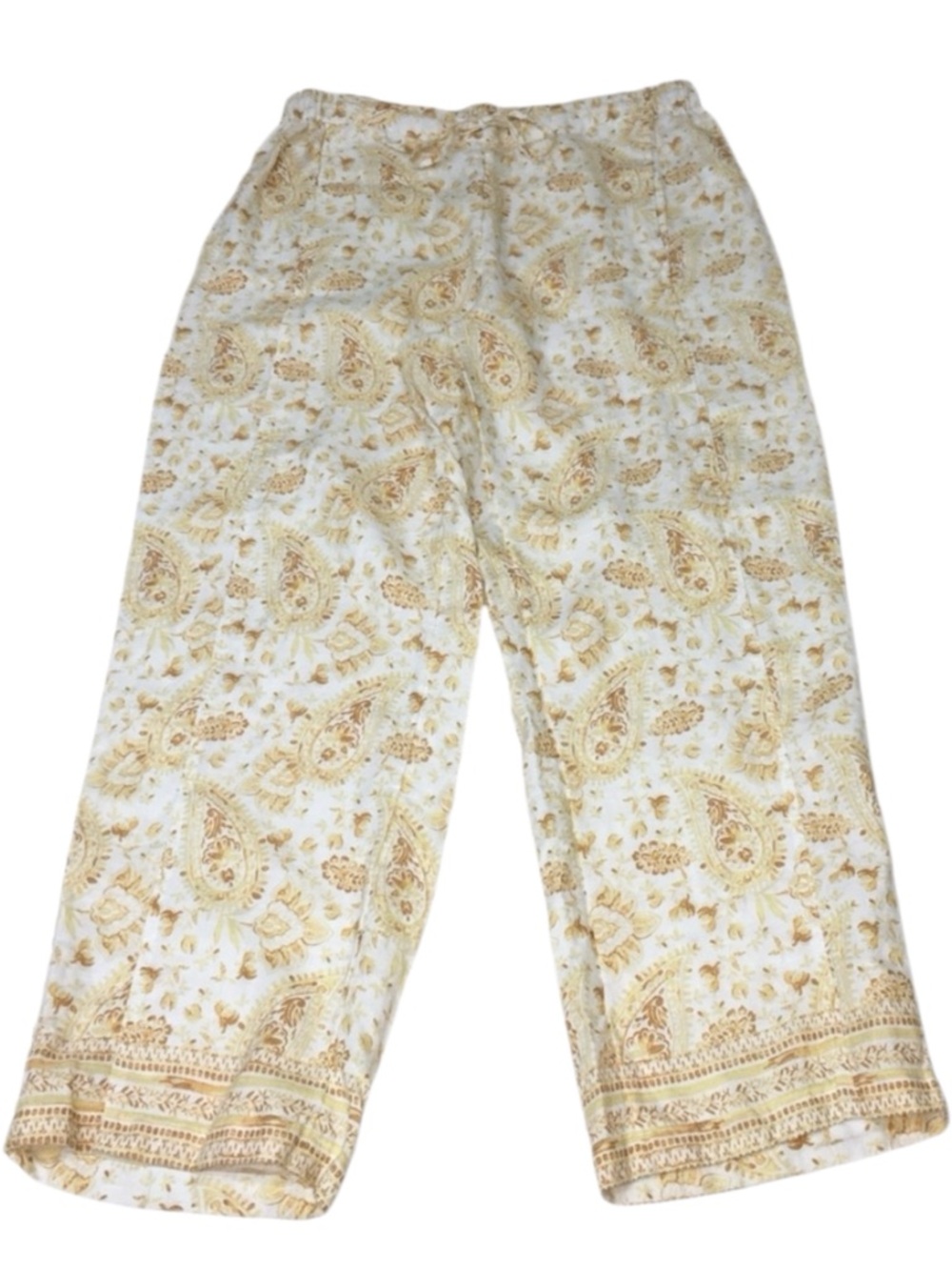 Coldwater Creek Linen (34x29) Paisley White Brown Drawstring Pants - Women’s 14